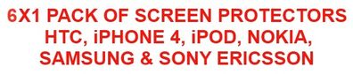 6x1 Pack Screen Protector For Blackberry, Htc, Iphone, Ipod, Nokia, Samsung & Sony Ericsson