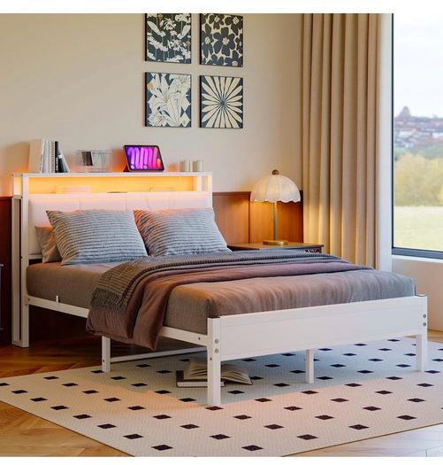 4FT6 Double Bed Frame with LED Lights and Charging Station, Heavy Duty Metal Platform Upholstered Bed frame with Storage Fabric Headboard,Metal Slats Support,Mattress Foundation (White)