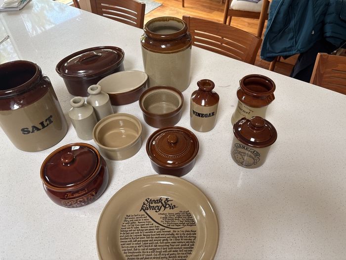 18 Pieces- Vintage Earthenware Glazed Pottery Pieces- Pearson's of Chesterfield, Moira Pottery , Emile Henry - French Designer- all in great condition