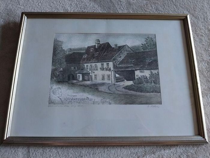 Vintage Hans Weber Signed Etching on Silk - Franz Schubert Landmark