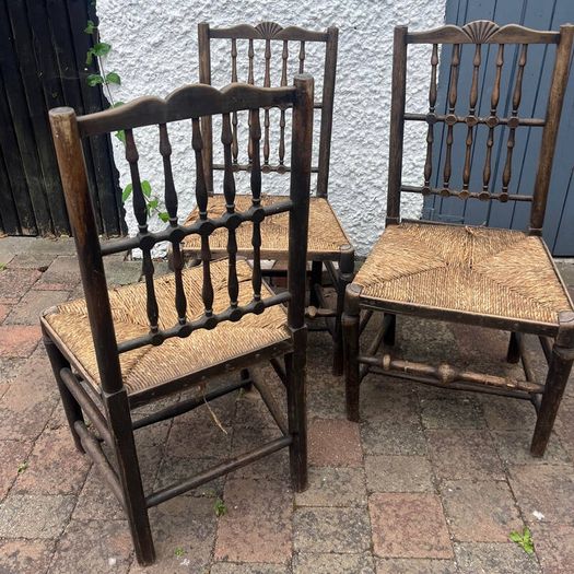 Set of 3 Vintage Solid Wood Rush Seat Farmhouse Dining Chairs