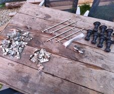 Assortment of cabinet hinges, handles, feet and fittings