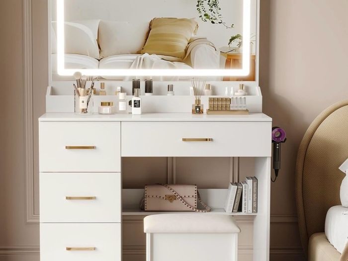Dressing Table with Mirror and Stool: Vanity Desk Makeup Table with Mirror and Chair - Dressings-Table with LED Lights, 3 Color, Adjustable Brightness, Hairdryer Holder for Girls,Bedroom