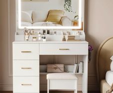 Dressing Table with Mirror and Stool: Vanity Desk Makeup Table with Mirror and Chair - Dressings-Table with LED Lights, 3 Color, Adjustable Brightness, Hairdryer Holder for Girls,Bedroom