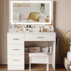 Dressing Table with Mirror and Stool: Vanity Desk Makeup Table with Mirror and Chair - Dressings-Table with LED Lights, 3 Color, Adjustable Brightness, Hairdryer Holder for Girls,Bedroom