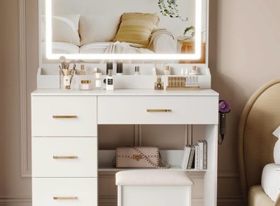 Dressing Table with Mirror and Stool: Vanity Desk Makeup Table with Mirror and Chair - Dressings-Table with LED Lights, 3 Color, Adjustable Brightness, Hairdryer Holder for Girls,Bedroom