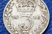 1916 United Kingdom  3 Pence - George V  Silver Coin