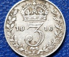 1916 United Kingdom  3 Pence - George V  Silver Coin