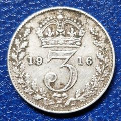 1916 United Kingdom  3 Pence - George V  Silver Coin