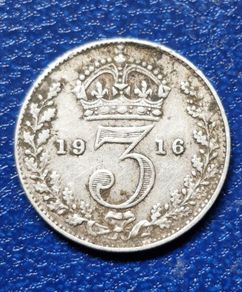 1916 United Kingdom  3 Pence - George V  Silver Coin
