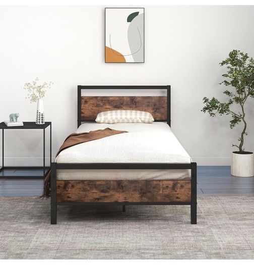 3ft Single Bed Frame with Wooden Headboard, Brown Heavy Duty Steel Support, No Box Spring Needed, Noise Free,Easy Assembly