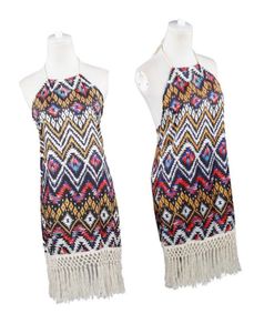Women Printed Backless Tassel Hem Sleeveless Vintage Bikini Cover Up Beach Dress