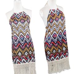 Women Printed Backless Tassel Hem Sleeveless Vintage Bikini Cover Up Beach Dress