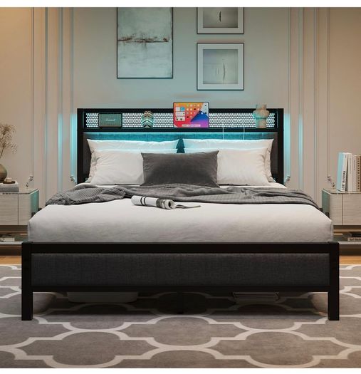 King Size Bed Frame with Upholstered Headboard, Wooden Storage Headboard Shelf, 5ft Upholstered Bed Frame Kingsize with Charging Station/USB Ports and LED Lights (Gray King Bed)