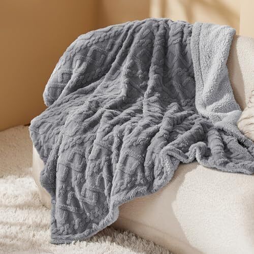 Sherpa Fleece Throw Blanket - Super Soft, Cozy & Warm Jacquard Sofa Throw, Ideal for Bed & Couch, Double/Twin, Grey, 150x200cm