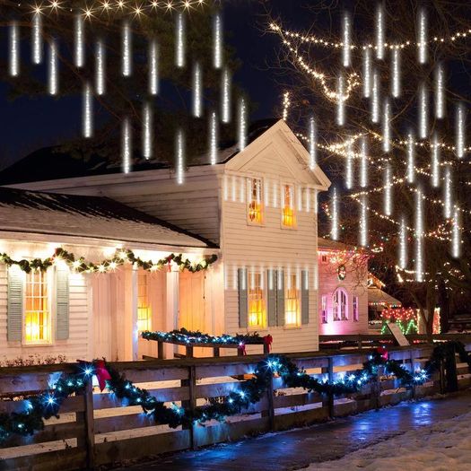 Shower Rain Lights 30CM, 8 Waterproof Spiral Tubes Meteor Lights, 288 LEDs Falling Rain Lights for Christmas Outdoor Garden House Window Xmas Tree Decoration(White)