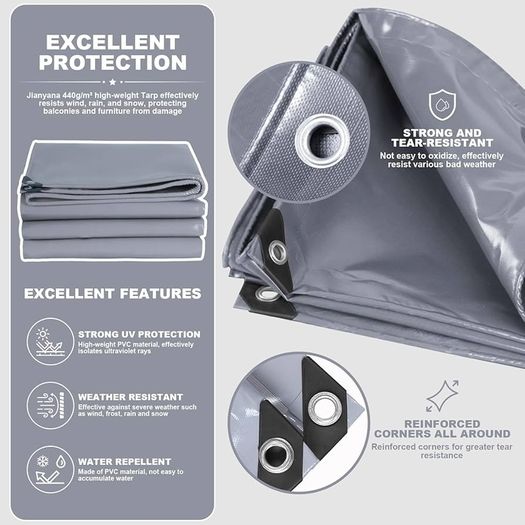 440G/M Pvc Heavy Duty Tarpaulin 4m / 6m, Waterproof Heavy Duty Tarp Sheet Cover Waterproof, Weatherproof, Frost-Resistant, Uv Protection, Multipurpose, Reinforced Eyelets, Gray (4 x 6m)