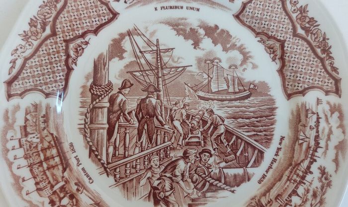 Fabulous Vintage 35 Piece Brown and White Fair Winds, Historical Scenes of Chinese Export to America Dinner Service by Alfred Meakin, Staffordshire