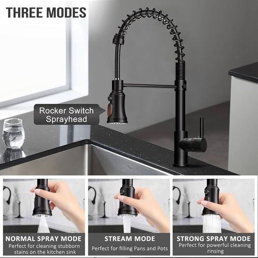 NEW SALE | Kitchen Tap, Kitchen Sink Mixer Tap with 360 Degree Swivel Pull Down Sprayer Commercial Kitchen Taps Single Handle Mixer Tap Cold and Hot 3-Modes Spray with Standard Fittings Black