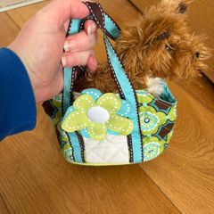 Dog stuffed animal in bag