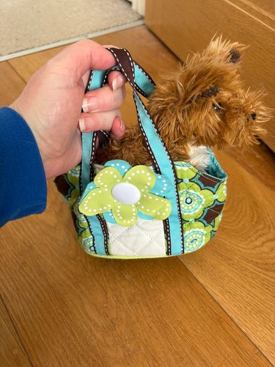 Dog stuffed animal in bag