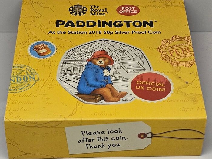 Royal Mint 2018 Silver Proof 50p Fifty Pence Paddington at the Station Coin in Original Holder with COA