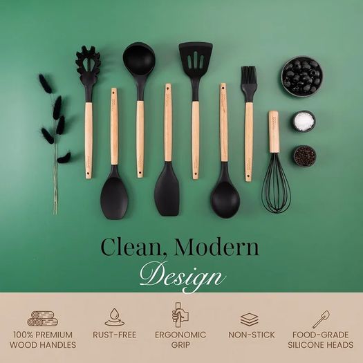 Kitchen Non Stick Cooking Utensils Set Heat Resistant Silicone Utensils with Wooden Handle Ladles, Spoons and Spatulas Set  Kitchen Tools & Accessories 35pcs, Black