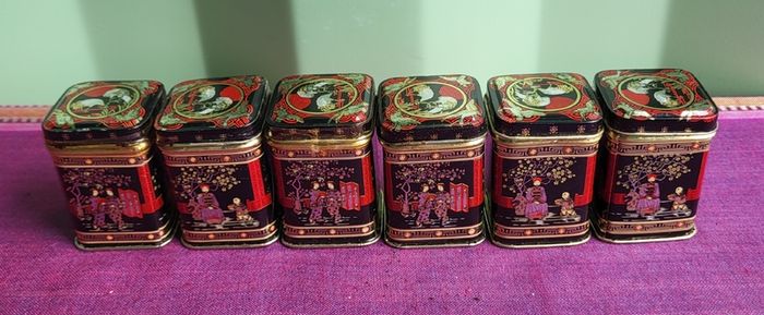 1950s Mid-Century Chrome Oriental Tea Caddy & sampler tins