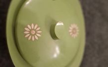Vintage 1970s Embee Avocado Green Plastic Jam / Sugar Pot with Spoon