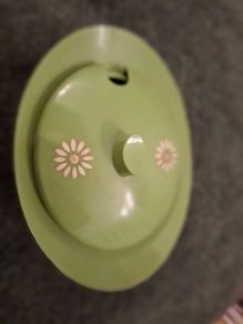 Vintage 1970s Embee Avocado Green Plastic Jam / Sugar Pot with Spoon