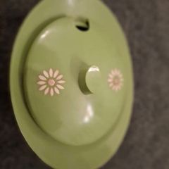 Vintage 1970s Embee Avocado Green Plastic Jam / Sugar Pot with Spoon