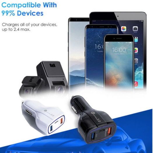 2 X QC 3.0 3 Port Fast Car Mobile Charger (Dual USB-A + Type-C) 35W (Brand New/Warranty)