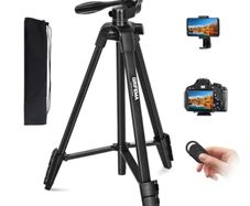 Phone Tripod for iPhone 55inch/140cm, Extendable Mobile Phone Tripod Stand, Portable Camera Tripod Stand for filming with Wireless Remote Shutter and Holder Mount, Black