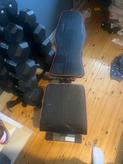 dumbells, rack and bench