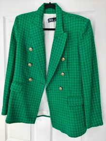 ZARA Emerald Green Tweed Double-Breasted Blazer Size M