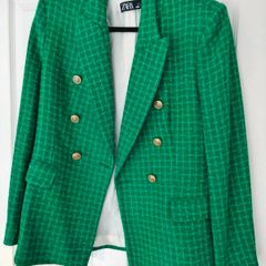 ZARA Emerald Green Tweed Double-Breasted Blazer Size M