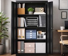 Black Metal Storage Cabinet Lockable With Shelves