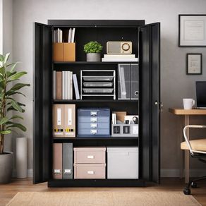 Black Metal Storage Cabinet Lockable With Shelves