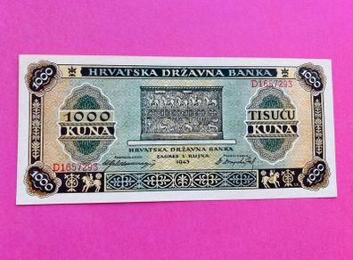 Croatia  1000 Kuna  1943  Pick 12a  Scarce .  Watermark - Tuning Fork Pattern  Unc
