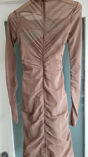 BERSHKA Mocha ruched bodycon dress Sz S (Fit 8 UK)