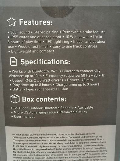 KitSound KS DIGGIT Diggit Outdoor Freestanding Bluetooth Garden Speaker with Removable Stake, Silver/Wood (New)