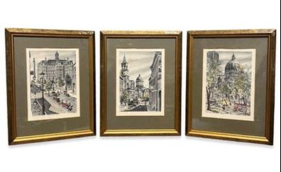 Set of 3 Vintage Mid-Century Framed Art Prints Canadian Architectural Etchings