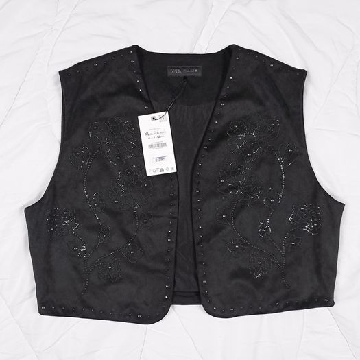 Zara Black Faux Suede Studded Waistcoat Vest Size XL