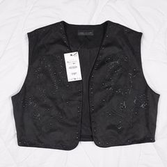 Zara Black Faux Suede Studded Waistcoat Vest Size XL
