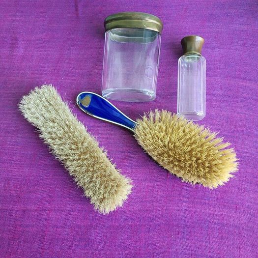 Vintage Glass & Cornflower Blue Enamel vanity set.