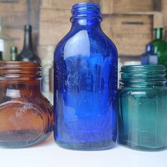 454 - Set of Three Beautiful Vintage Glass Decorative Collectible Bottles - Amber Eire Bovril, Cobalt Blue Magnesia and Turquoise Science Cream