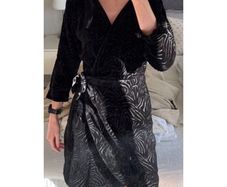 & Other Stories brand New Black velvet A-line mini dress with zebra print, featuring a V-neckline, 3/4 sleeves, and a tie-up waist.