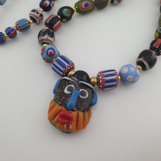 Antique Venetian Style MulitColor Mix Glass & Old Face Glass Pendant Necklace