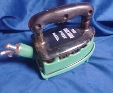 Vintage 1930s "The Rhythm" No. 375U Gas Iron with Enamel Trivet Stand & Hose