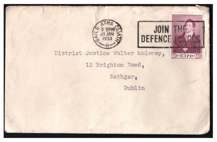 1953 Ireland 2.5d Thomas Moore Tied with clean Join the Defence Forces Slogan on Cover